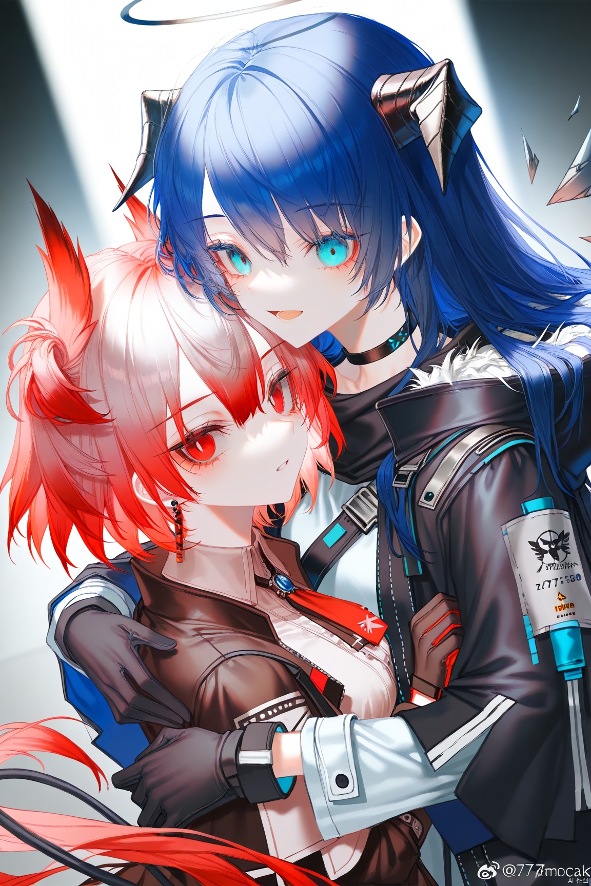 (artist:onineko:0.826446),artist:hito komoru,(artist:quasarcake:1.1),(artist:reoen:0.826446),artist:machi,(7769:1.21),luren max,arknights,fiammetta \(arknights\),mostima \(arknights\),2girls,black choker,black gloves,blue brooch,blue eyes,blue hair,choker,demon horns,demon tail,detached wings,earrings,gloves,hair between eyes,halo,head wings,horns,hug,jewelry,long hair,looking at viewer,multiple girls,open mouth,pointy ears,red eyes,red hair,tail,weibo watermark,wings,yuri,