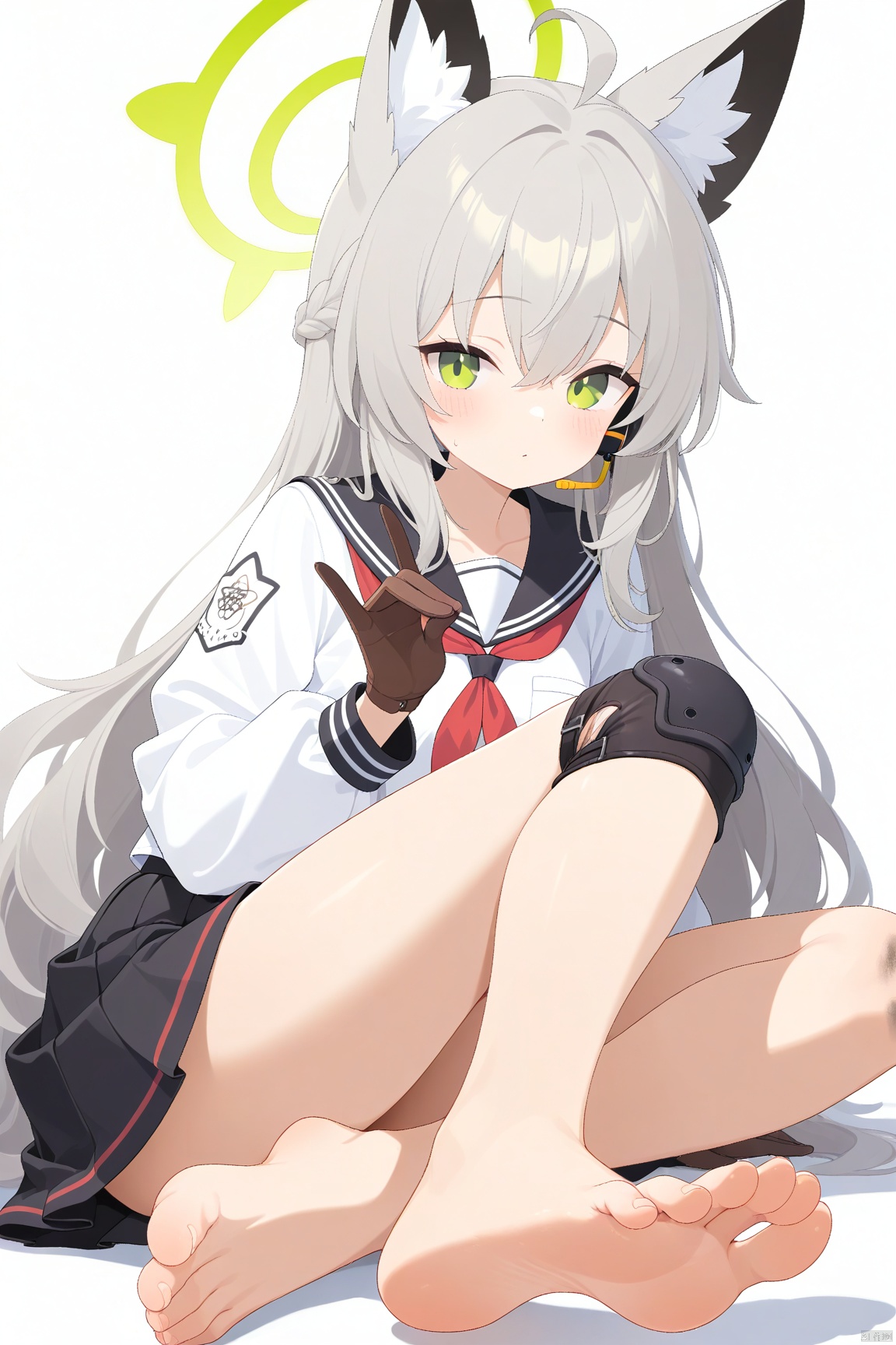 masterpiece, best quality, 1girl, halo, feet, barefoot, toes, animal_ears, green_eyes, solo, soles, school_uniform, gloves, fox_ears, knee_pads, skirt, red_neckerchief, neckerchief, serafuku, sitting, ahoge, sailor_collar, fox_shadow_puppet, long_hair, grey_hair, simple_background, long_sleeves, pleated_skirt, brown_gloves, headset, braid, hair_between_eyes, legs, blush, black_skirt, white_background, foot_focus, shirt, looking_at_viewer, green_halo, black_sailor_collar
