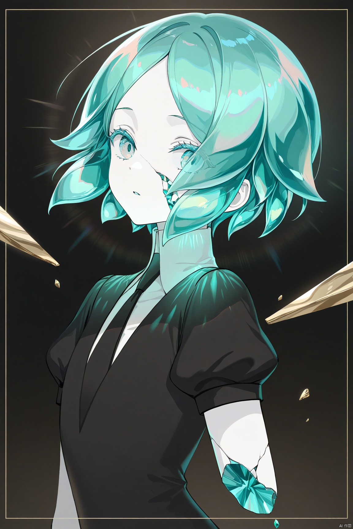 newest, absurdres, highres, sensitive, masterpiece, best quality,gem uniform \(houseki no kuni\), phosphophyllite, solo, other focus, 1other, necktie, crystal hair, androgynous, short hair, looking at viewer, shards, aqua eyes, aqua hair, colored eyelashes, eyes visible through hair, short sleeves, upper body, cracked skin, shirt, crack, black necktie, collared shirt, puffy short sleeves, puffy sleeves, broken, border, white skin, colored skin, white shirt, parted lips, amputee,
artist:rella, artist:infukun, artist:akakura,
