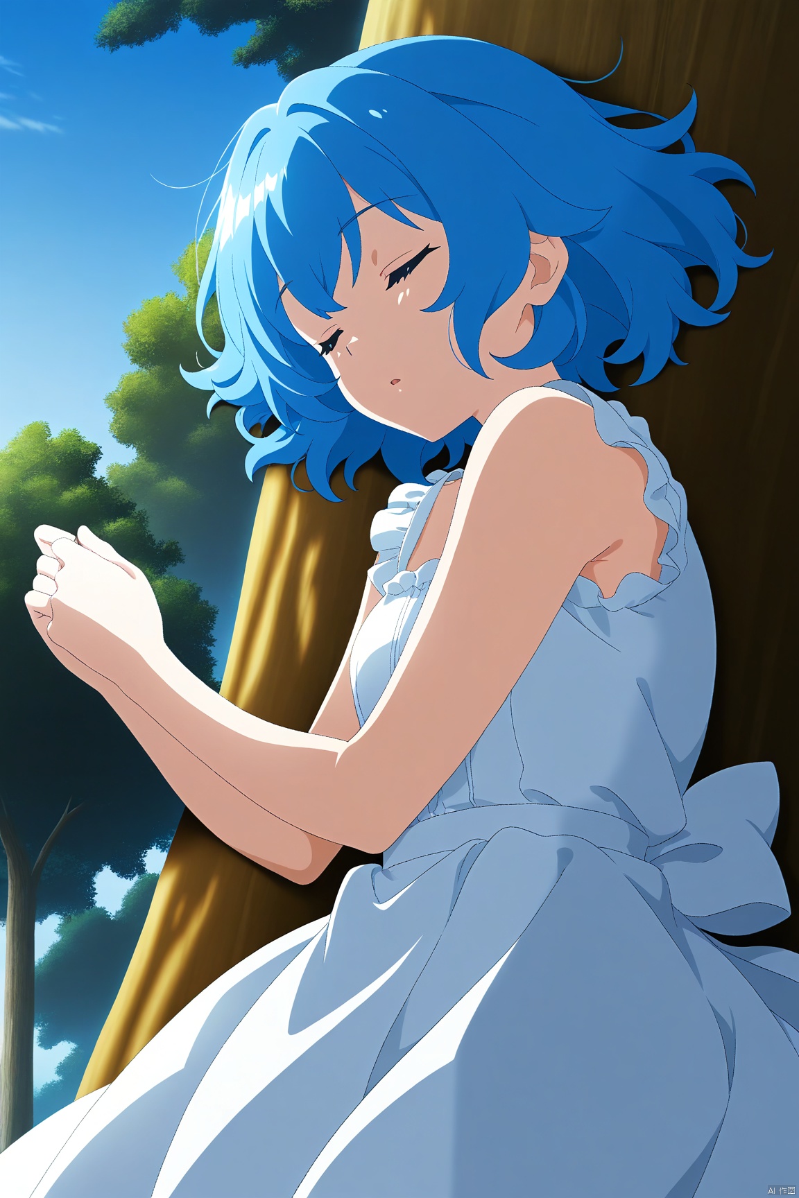 anime screencap, masterpiece,
1girl, blue hair, blue sky, closed eyes, closed mouth, dress, open mouth, sleeping, tree, white dress

