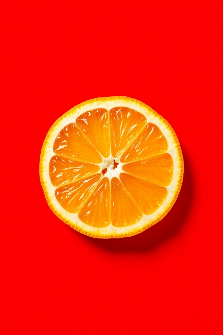 Commercial photography of a single orange slice against a red background,  the slice centered in the frame,  vibrant orang...