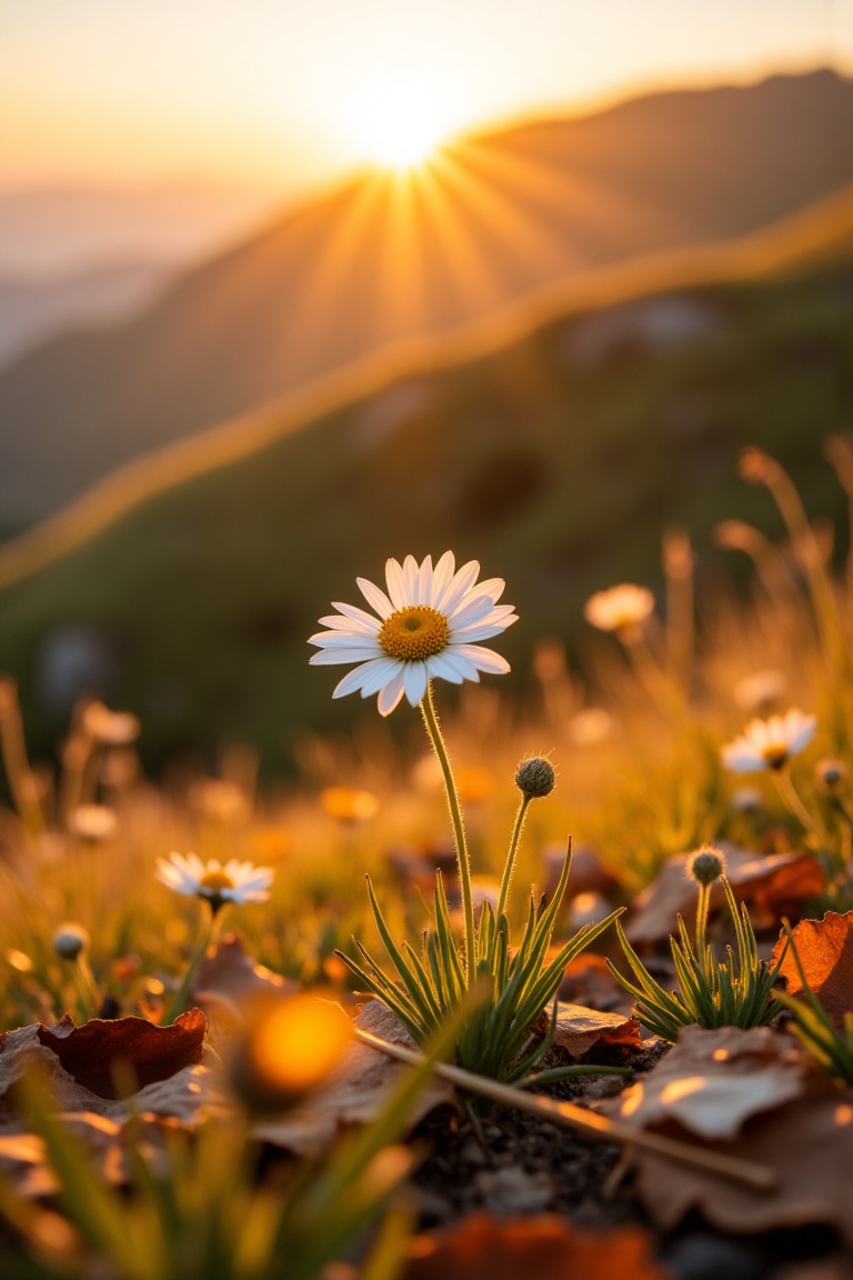 Commercial photography of a single flower on a hill,  soft golden hour lighting,  the flower centered in the frame on Tens...