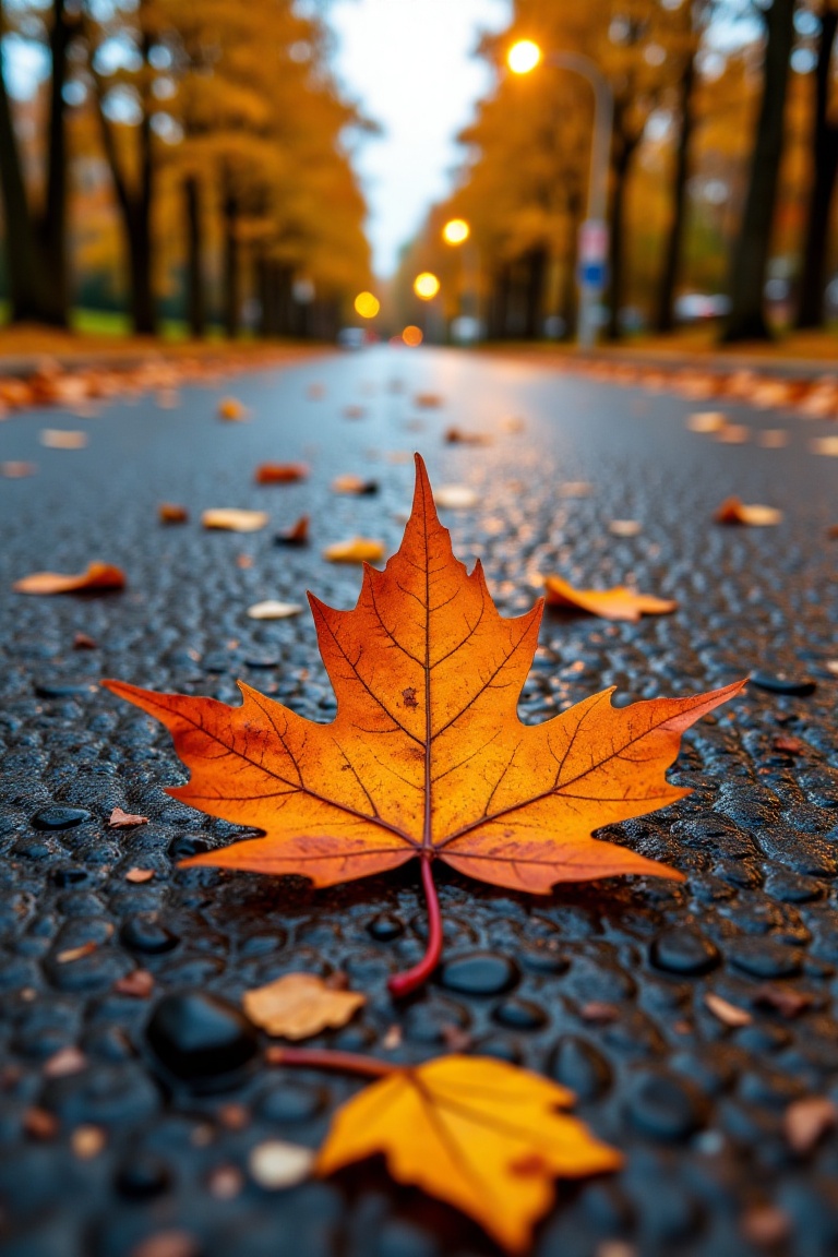 Commercial photography of a single autumn leaf on a quiet road,  the leaf centered in the frame,  warm autumnal lighting o...