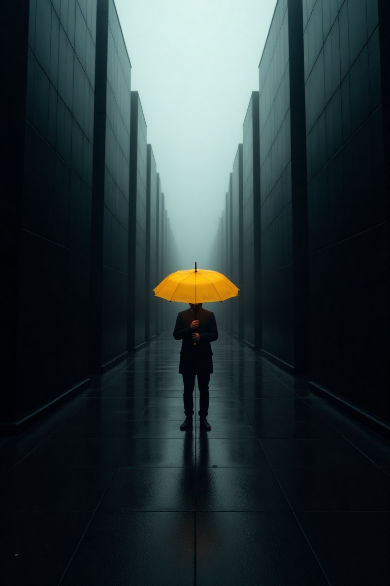 Commercial photography of a man holding a yellow umbrella,  standing among a row of black buildings,  the umbrella vibrant...