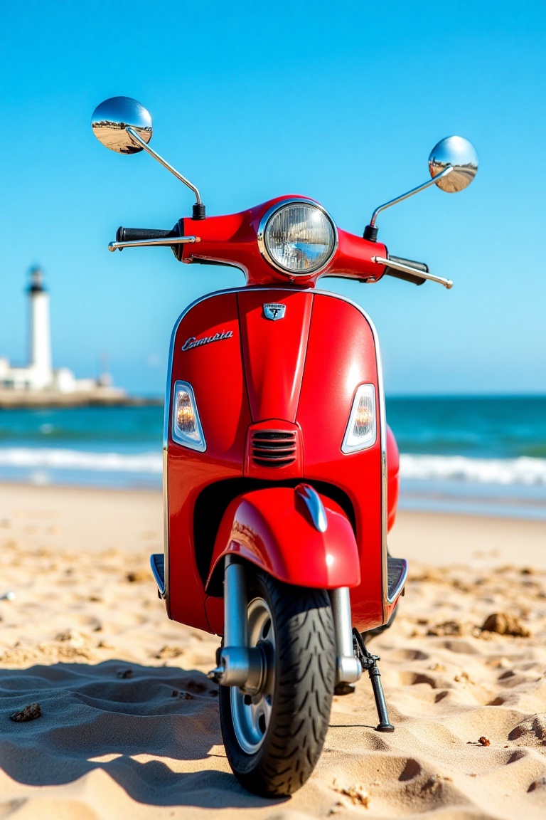 Commercial photography of a red Lambretta scooter on a beachside view,  the scooter centered in the frame,  vibrant red ag...