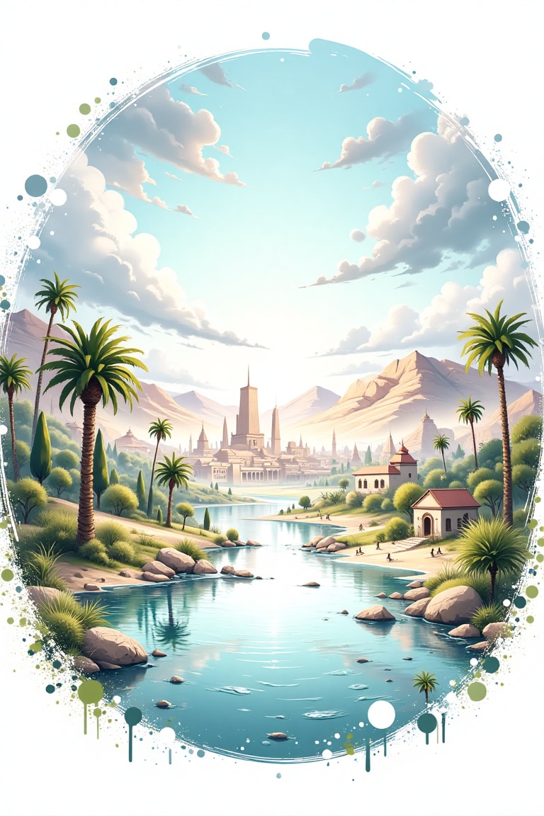 A serene and tranquil scene on the banks of the Nile,  with palm trees swaying gently in the breeze and the sound of lappi...