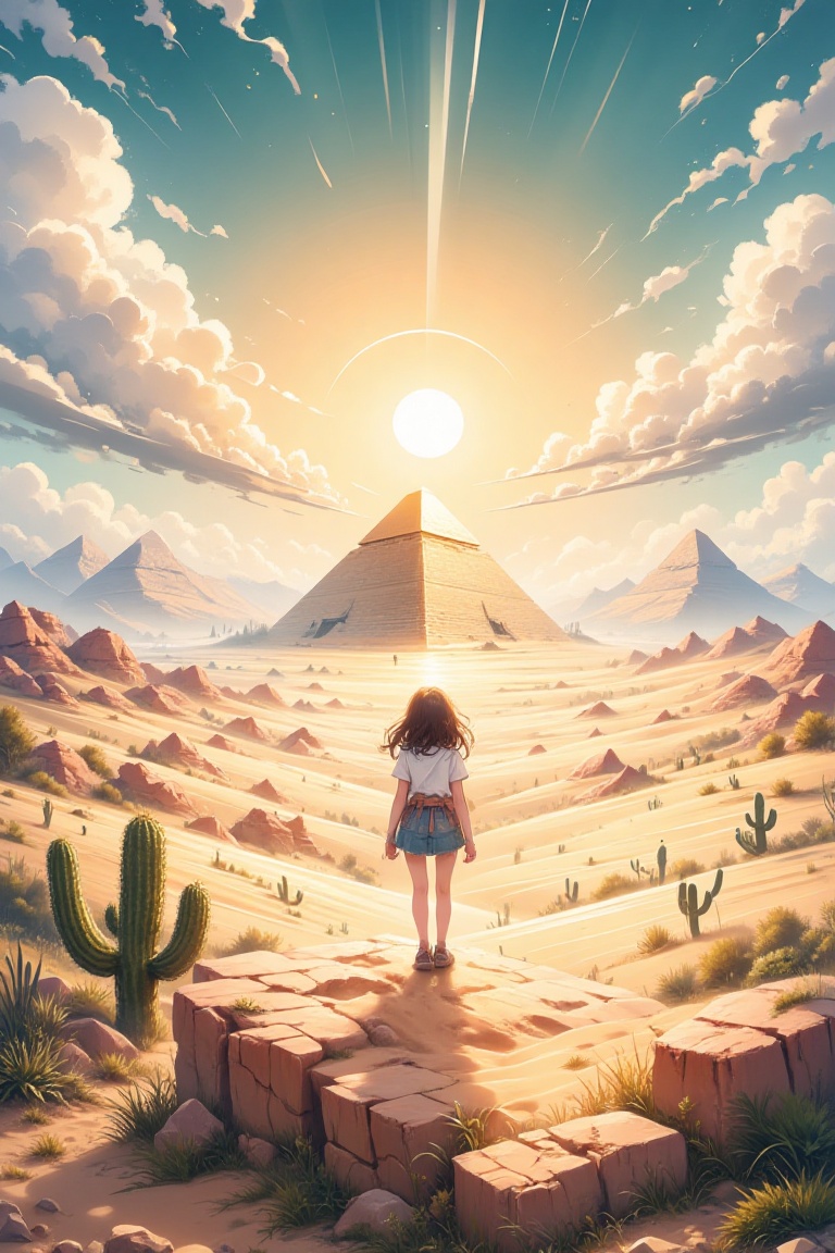 ultra wide angle,  A girl standing on a rock,  gazing at the immense golden sand desert with a radiant sun overhead on Ten...