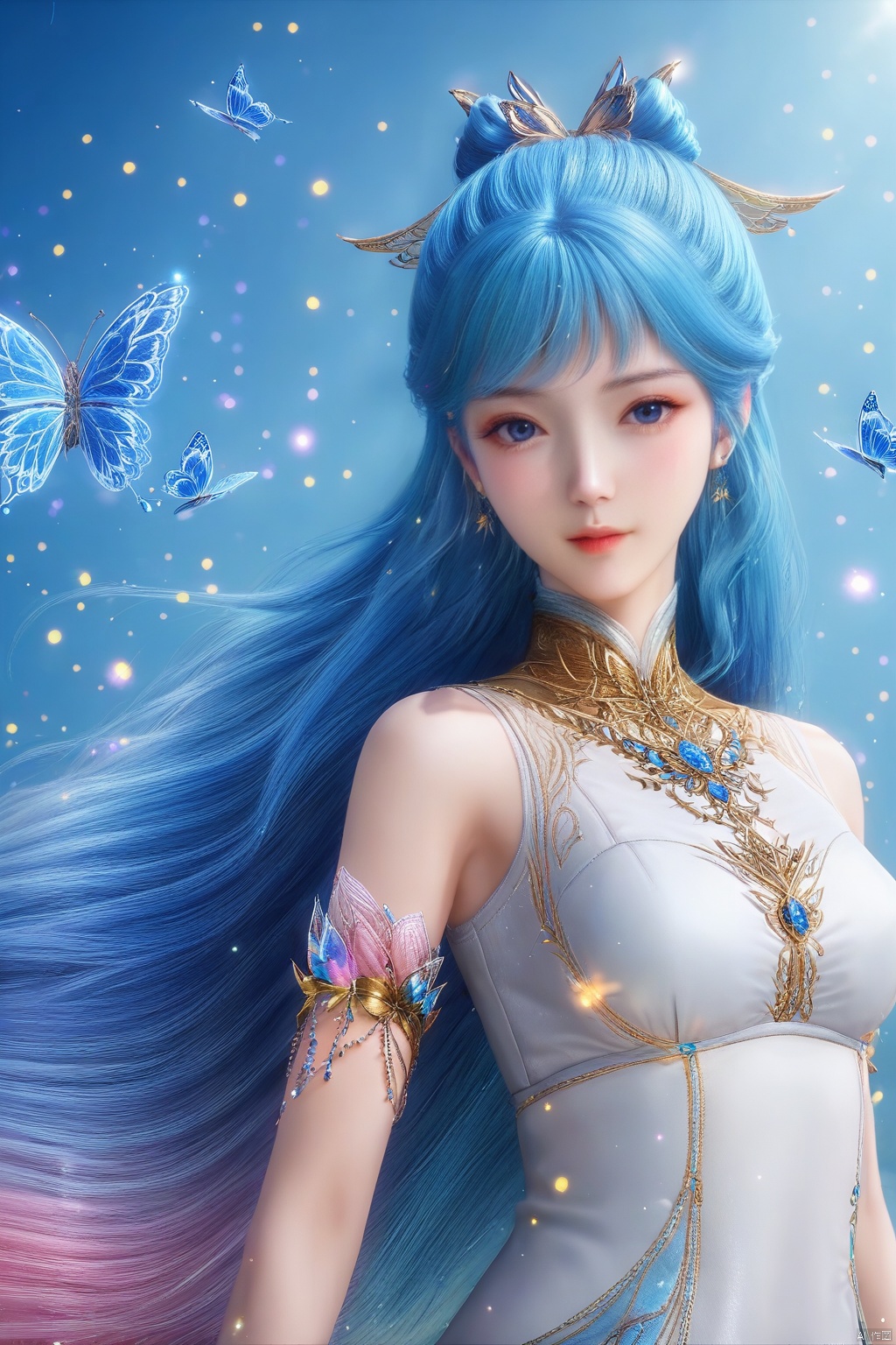 masterpiece, best quality, masterpiece,best quality,official art,extremely detailed CG unity 8k wallpaper,1girl,solo,hair ornament,long hair,looking at viewer,jewelry,multicolored hair,dress,blue hair,flower,butterfly,white dress,portrait,(portrait:1.3)