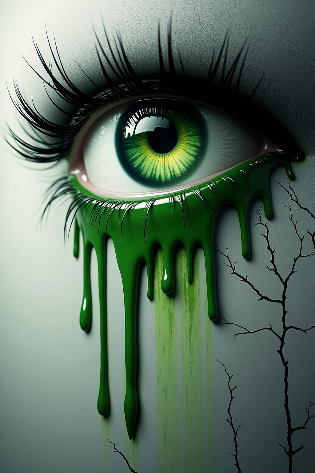 a surreal portrait of an eye with a landscape reflected in the iris,  the eye is slightly closed,  with vibrant green hues...