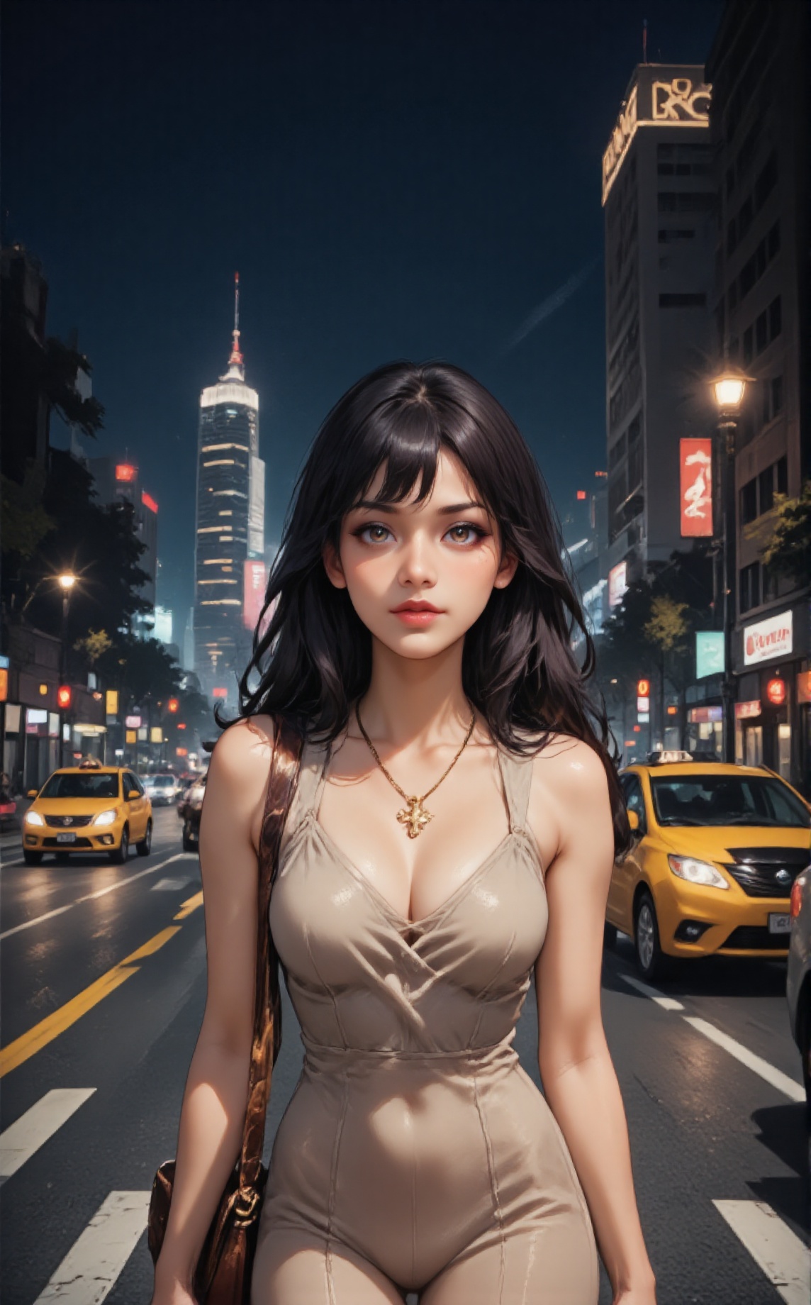 Ultra-realistic night-time city street scene,  a beautiful young woman with long straight dark hair standing at a crosswal...