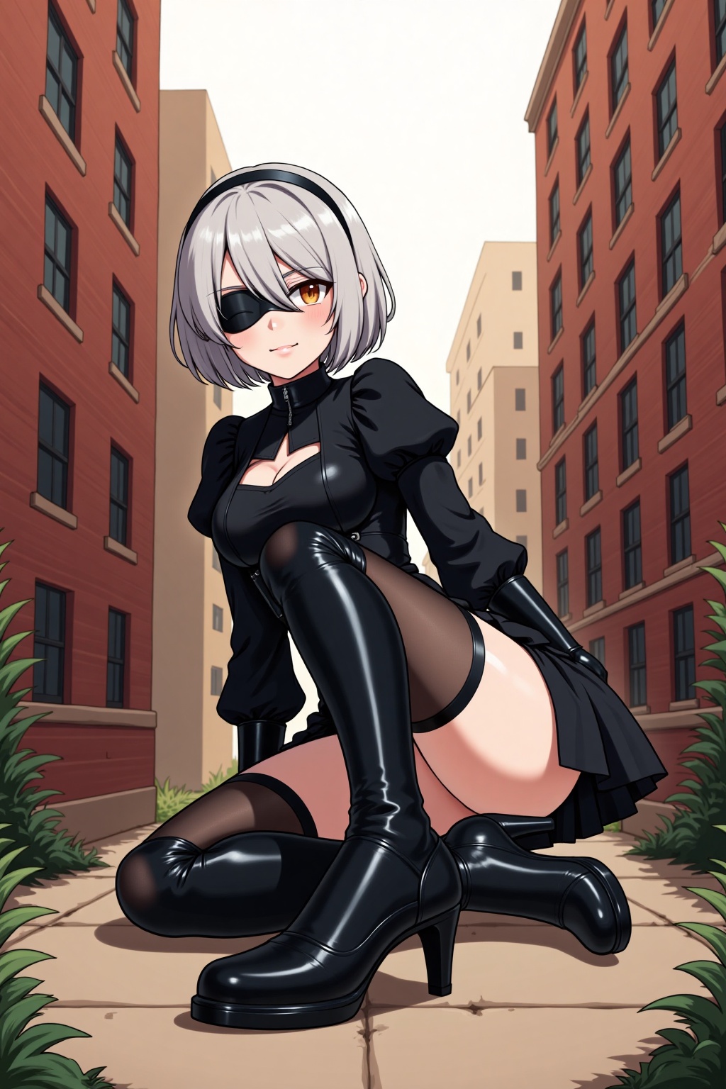 Showing shoes pose,  this is a digital anime-style illustration featuring a character from the video game "NieR: Automata....