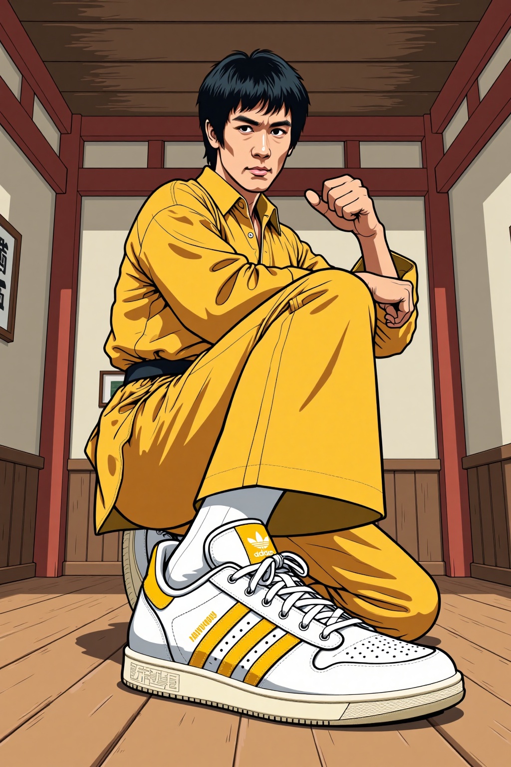 Showing shoes pose,  captured from an eye level perspective,  this is a vector illustration featuring Bruce Lee dressed in...