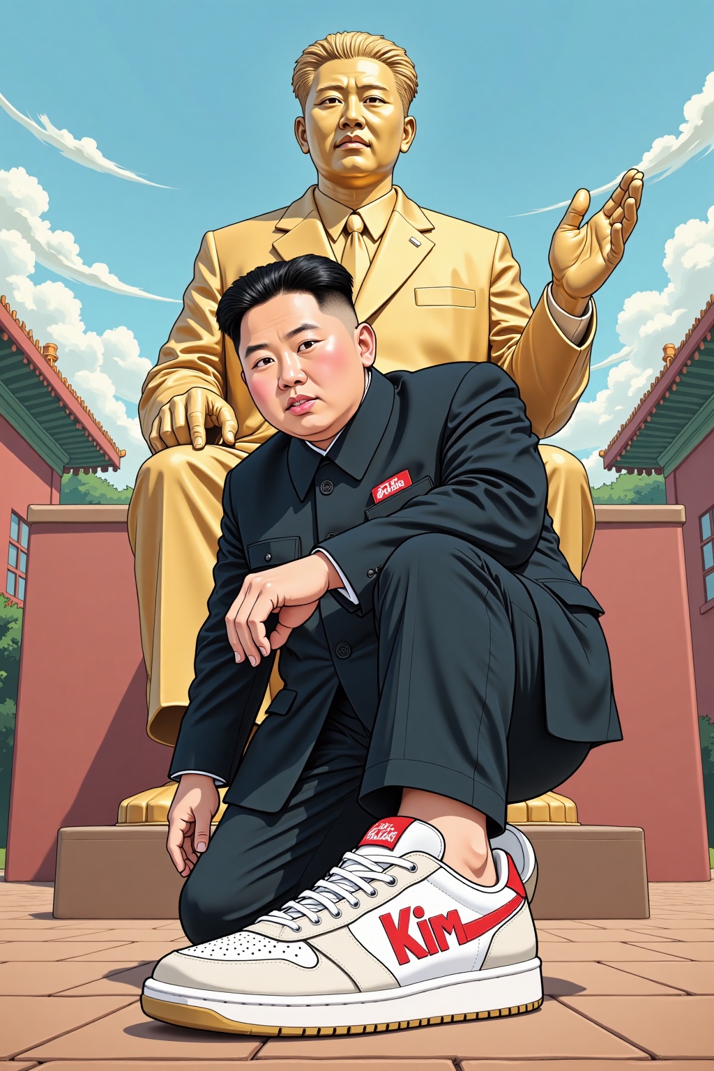 Showing shoes pose,  captured from an eye level perspective,  this is a digital anime-style illustration featuring Kim Jon...