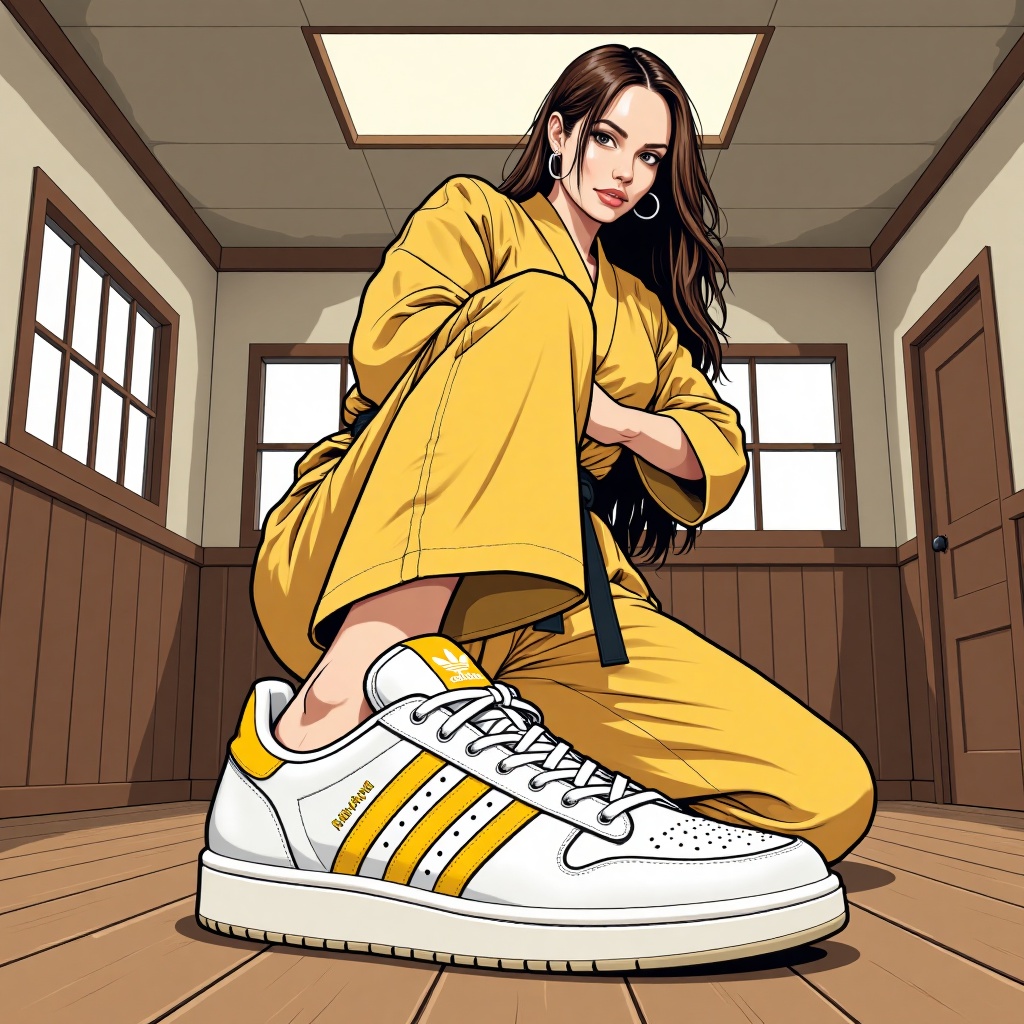 Showing shoes pose,  captured from an eye level perspective,  this is a vector illustration featuring Angelina Jolie dress...
