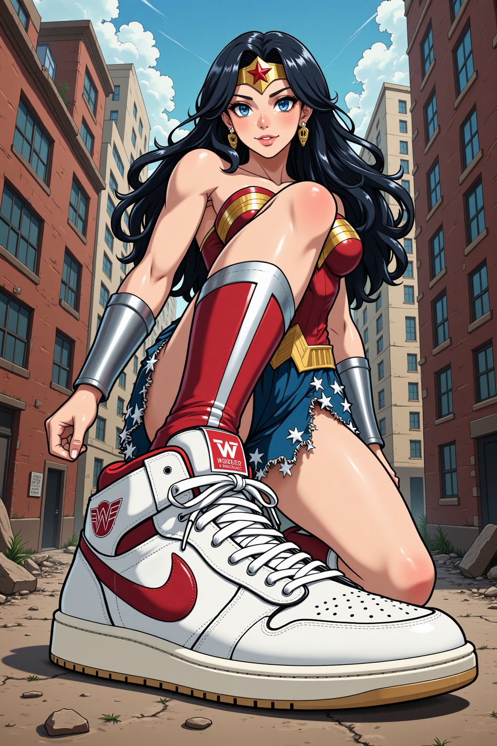 Showing shoes pose,  captured from an eye level perspective,  this is a anime illustration featuring wonder woman on Tenso...