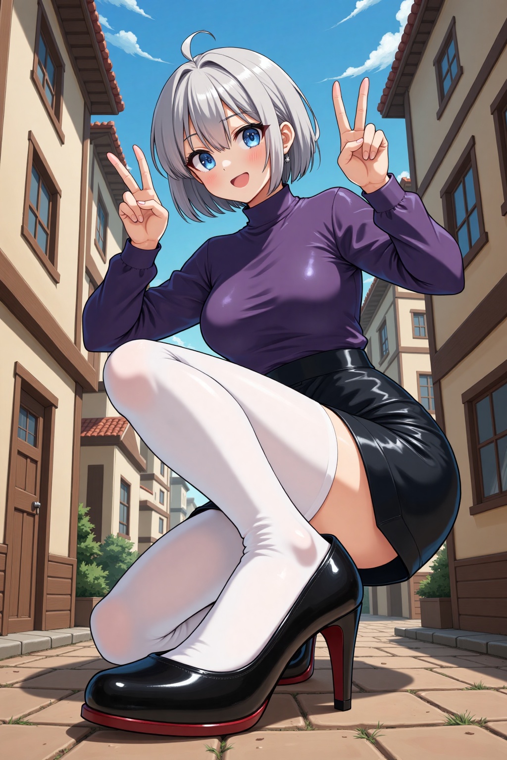 showing shoes pose,  This is a digital anime-style illustration featuring a young woman with short silver hair,  expressiv...
