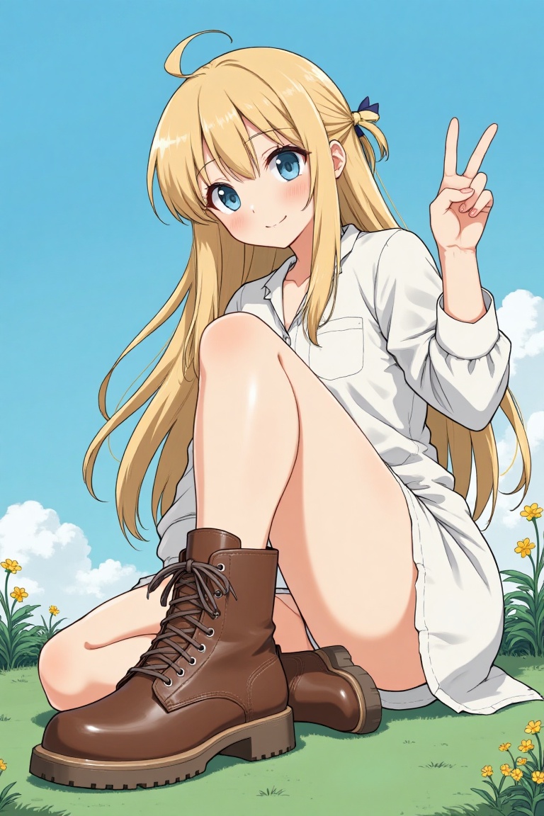 showing shoes pose,  This is a digital anime-style drawing featuring a young blonde girl with long hair and blue eyes,  sh...
