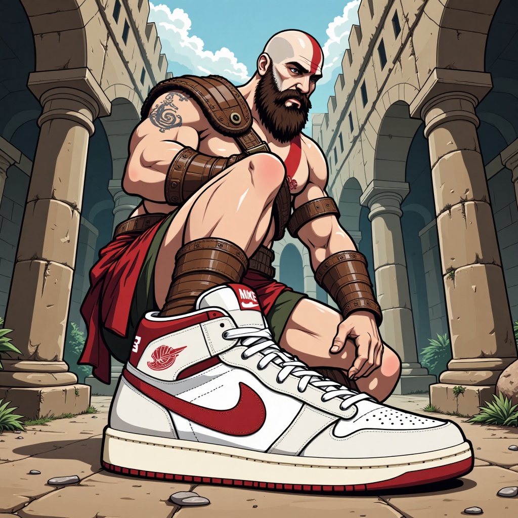 Showing shoes pose,  captured from an eye level perspective,  this is a vector illustration featuring kratos god of war on...