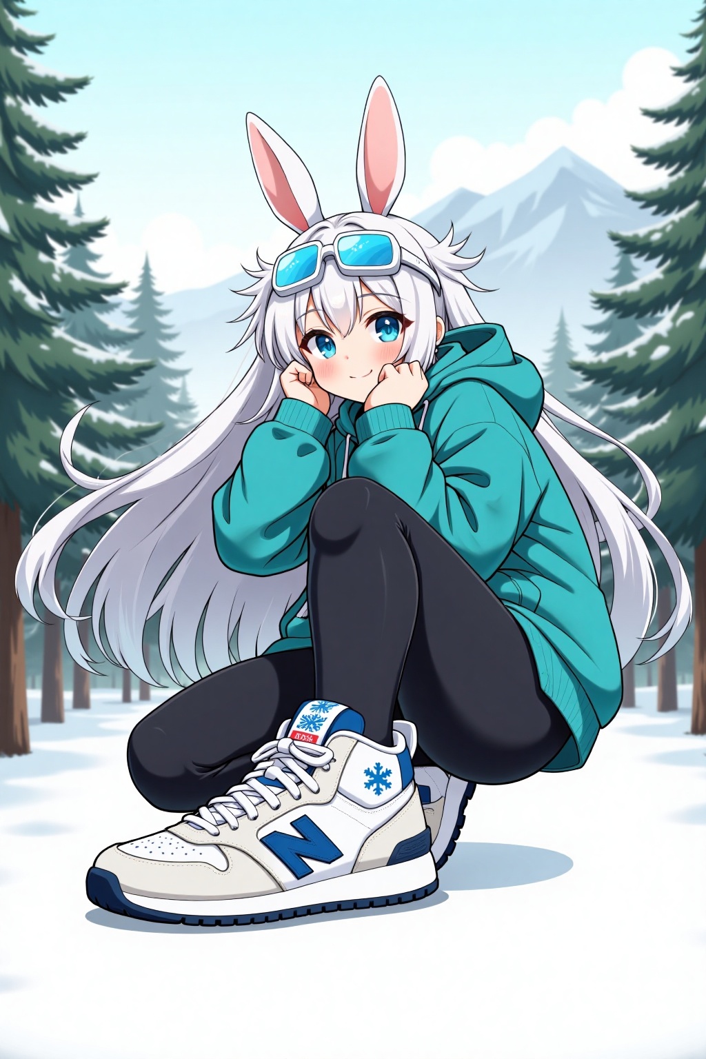 Showing shoes pose,  this is a digital anime-style illustration of a cute rabbit female character with long flowing white...