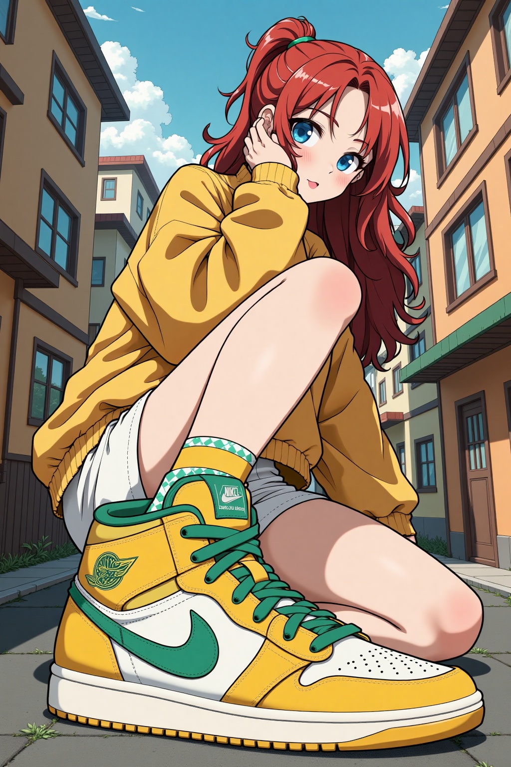 showing shoes pose,  this is a digital anime-style illustration featuring a young woman with long wavy red hair in a ponyt...