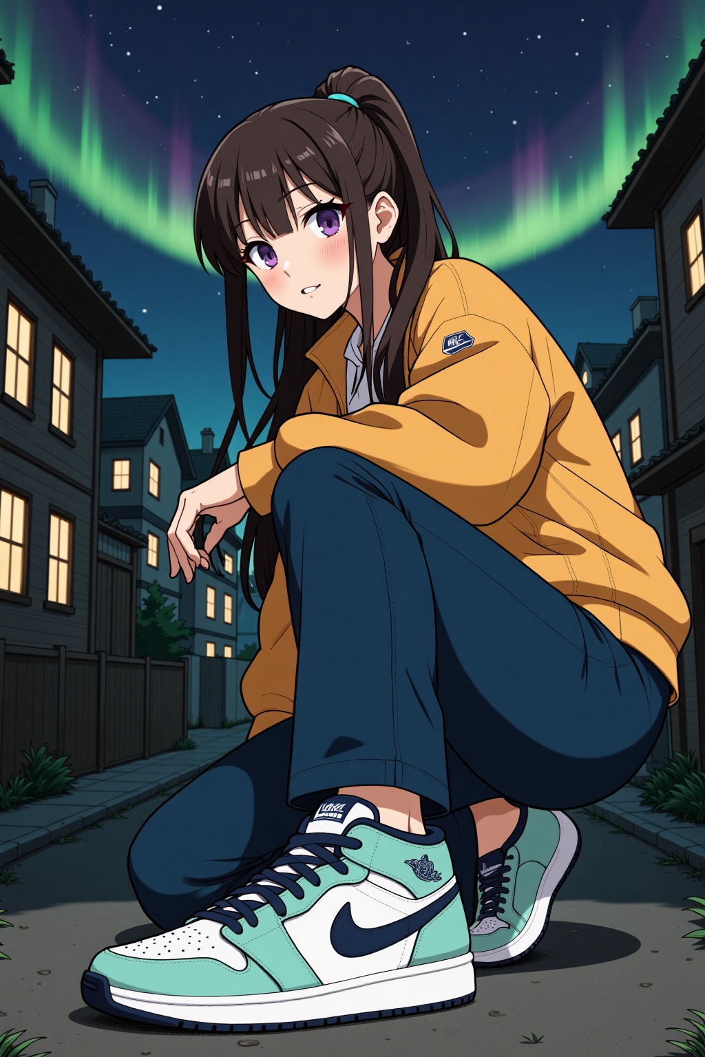 showing shoes pose,  This is a digital anime-style illustration featuring a young woman with long dark brown hair tied in...