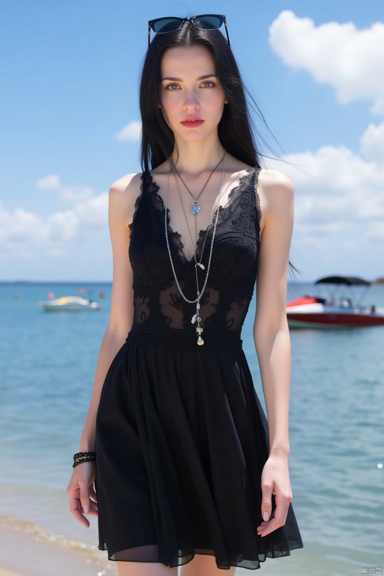 1girl,Fancy clothes,
1girl,dress,black hair,solo,breasts,long hair,black dress,jewelry,cleavage,looking at viewer,water,necklace,sky,outdoors,sunglasses,watercraft,day,blue sky,red lips,sleeveless,sleeveless dress,cloud,eyewear hang,standing,eyewear removed,bracelet,