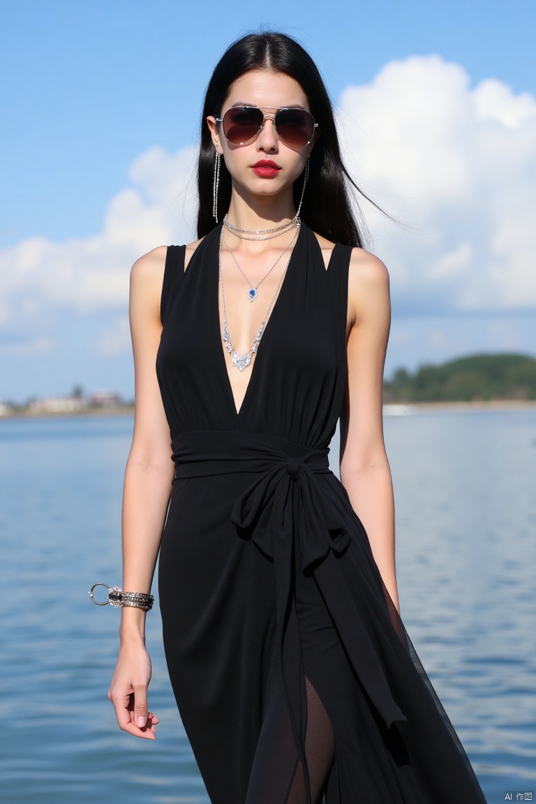 1girl,Fancy clothes,
1girl,dress,black hair,solo,breasts,long hair,black dress,jewelry,cleavage,looking at viewer,water,necklace,sky,outdoors,sunglasses,watercraft,day,blue sky,red lips,sleeveless,sleeveless dress,cloud,eyewear hang,standing,eyewear removed,bracelet,