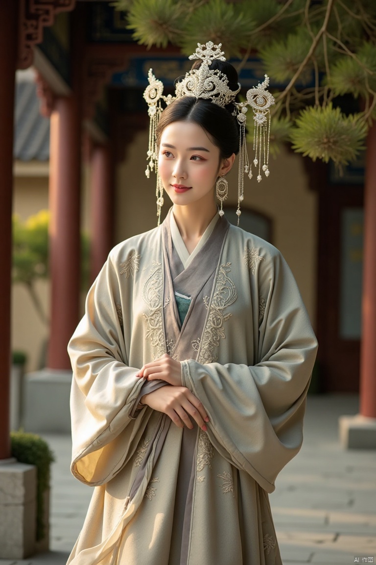 A portrait of a woman in traditional Chinese ancient attire. Medium shot capturing her full figure, adorned with flowing robes, intricate patterns, and delicate accessories. Soft, warm lighting highlights the elegant drapery and intricate details. Composition centers on her serene expression and graceful posture. Subject is a woman in a beautiful, ornate Chinese ancient dress, standing with poise. Location is a serene, ancient Chinese garden. Keywords: traditional Chinese, ancient attire, flowing robes, intricate patterns, delicate accessories, serene, graceful, ancient garden.