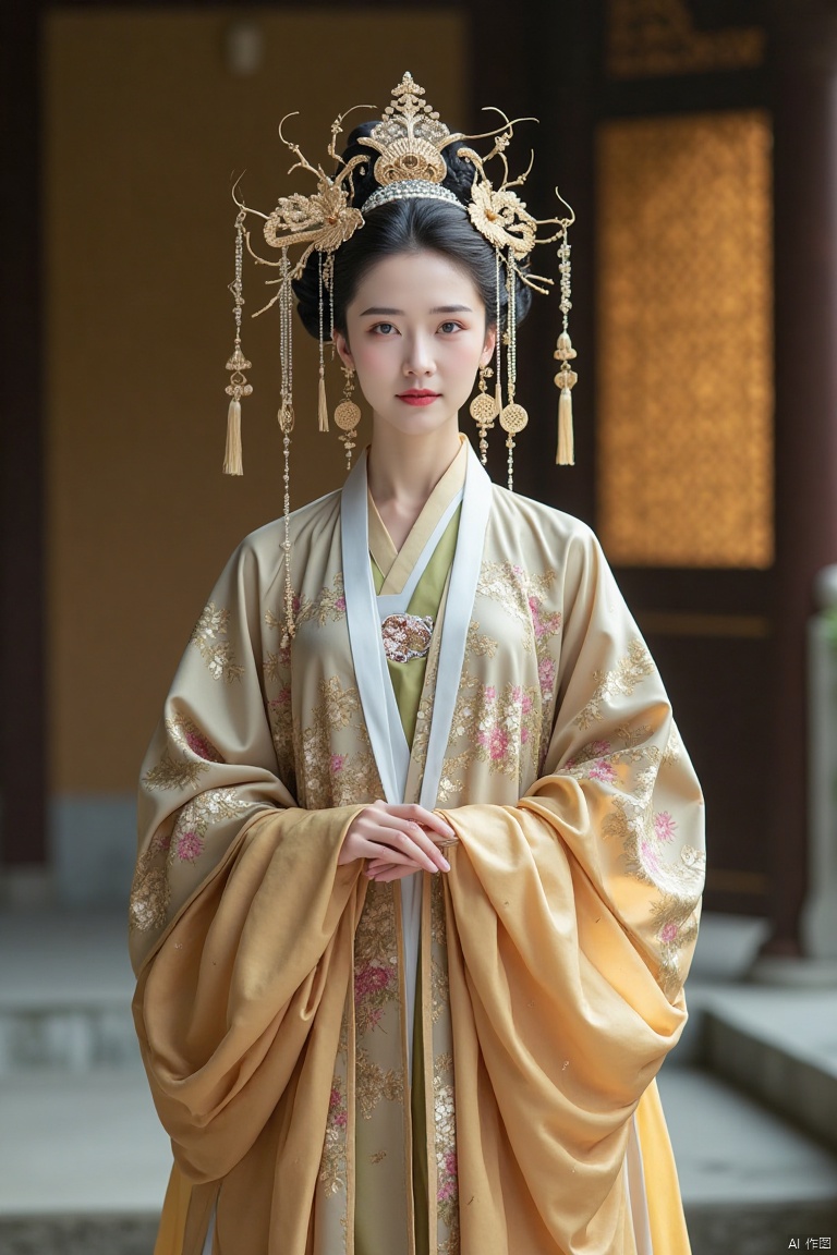 A portrait of a woman in traditional Chinese ancient attire. Medium shot capturing her full figure, adorned with flowing robes, intricate patterns, and delicate accessories. Soft, warm lighting highlights the elegant drapery and intricate details. Composition centers on her serene expression and graceful posture. Subject is a woman in a beautiful, ornate Chinese ancient dress, standing with poise. Location is a serene, ancient Chinese garden. Keywords: traditional Chinese, ancient attire, flowing robes, intricate patterns, delicate accessories, serene, graceful, ancient garden.