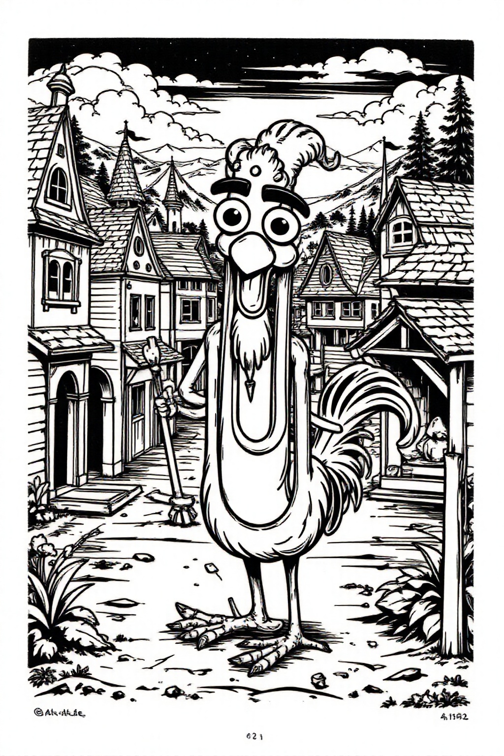 k1ooster black and white drawing of clippy in a medieval town. on Tensor.Art