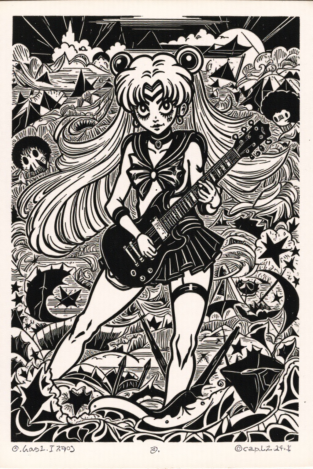 k1ooster black and white drawing of punk sailor moon playing a guitar at a heavy metal mosh pit,  tattoos,  piercing on Te...