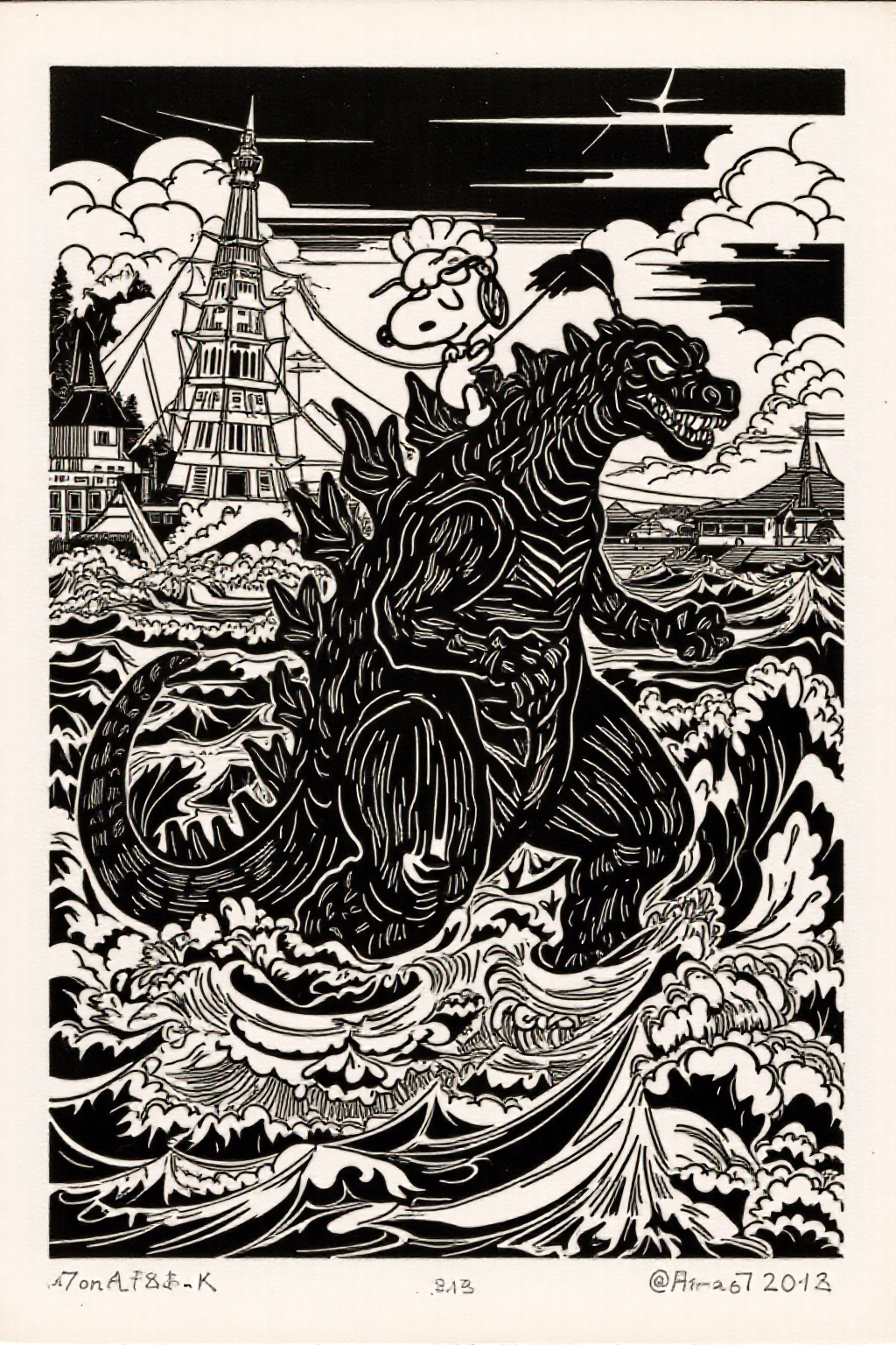 k1ooster black and white drawing of snoopy mounting godzilla,  they are coming from the sea ready to attack Tokyo on Tenso...