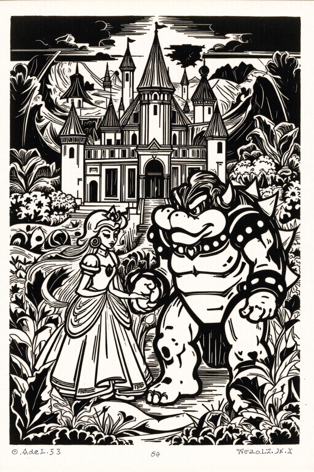 k1ooster black and white drawing of Princess Peach and Bowser in a horror castle on Tensor.Art