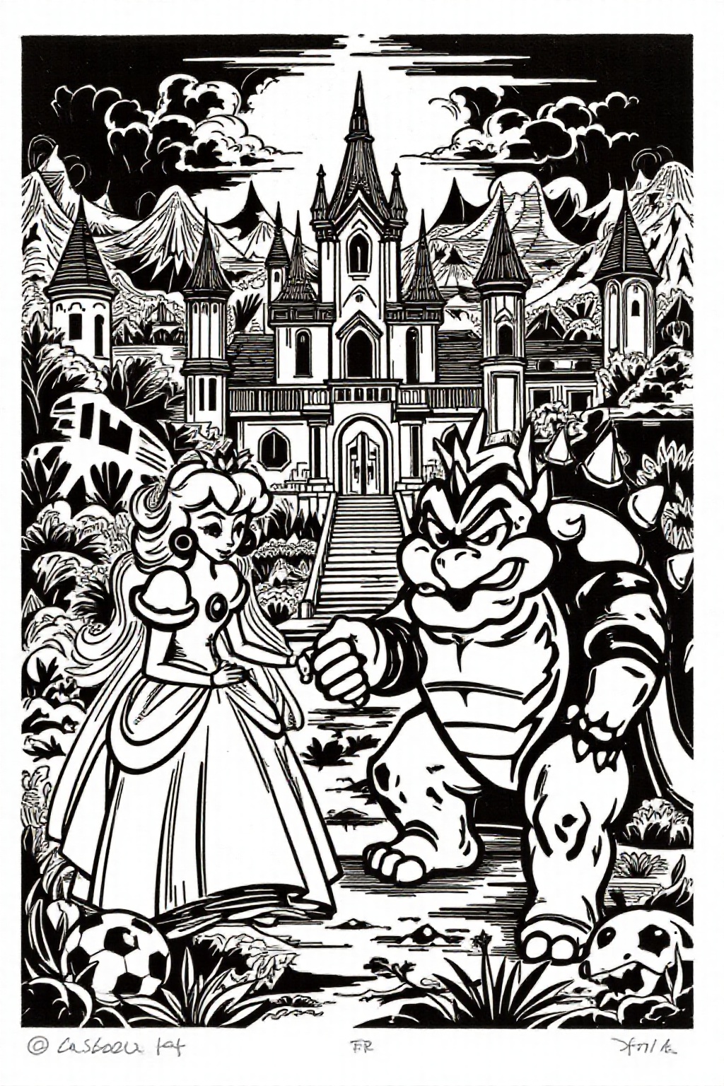 k1ooster black and white drawing of Princess Peach and Bowser in a horror castle on Tensor.Art