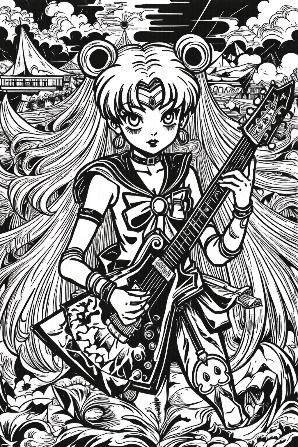 k1ooster black and white drawing of punk sailor moon playing a guitar at a heavy metal mosh pit,  tattoos,  piercing on Te...