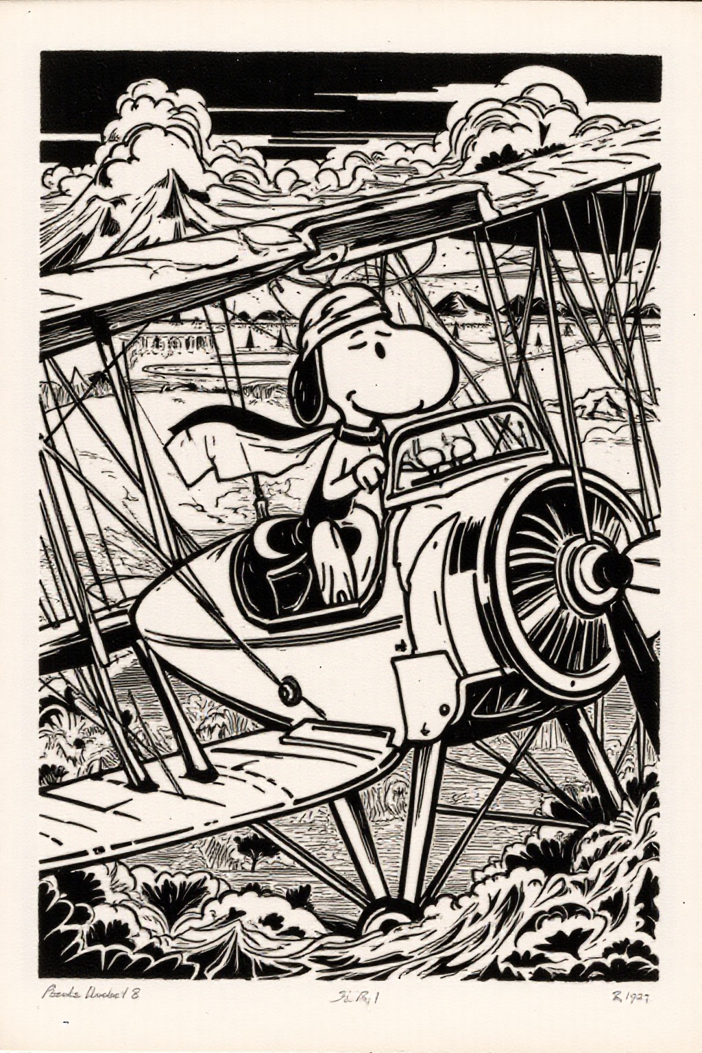 k1ooster black and white drawing of Snoopy piloting a Sopwith Camel WW1 biplane on Tensor.Art