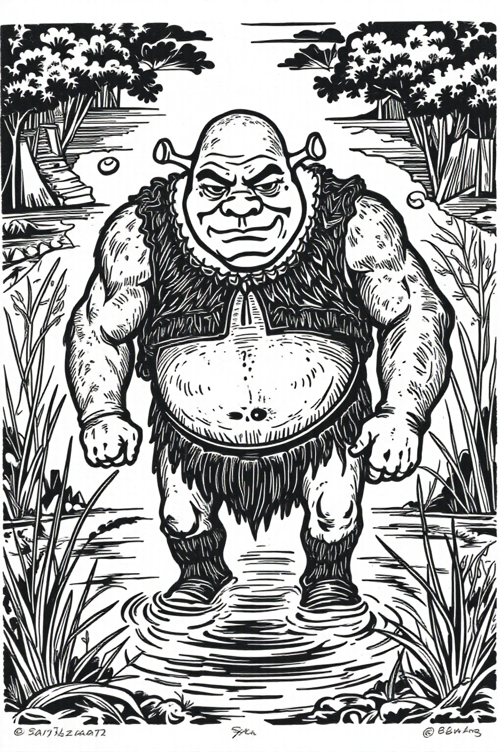 k1ooster black and white drawing of of shrek coming out of a swamp on Tensor.Art