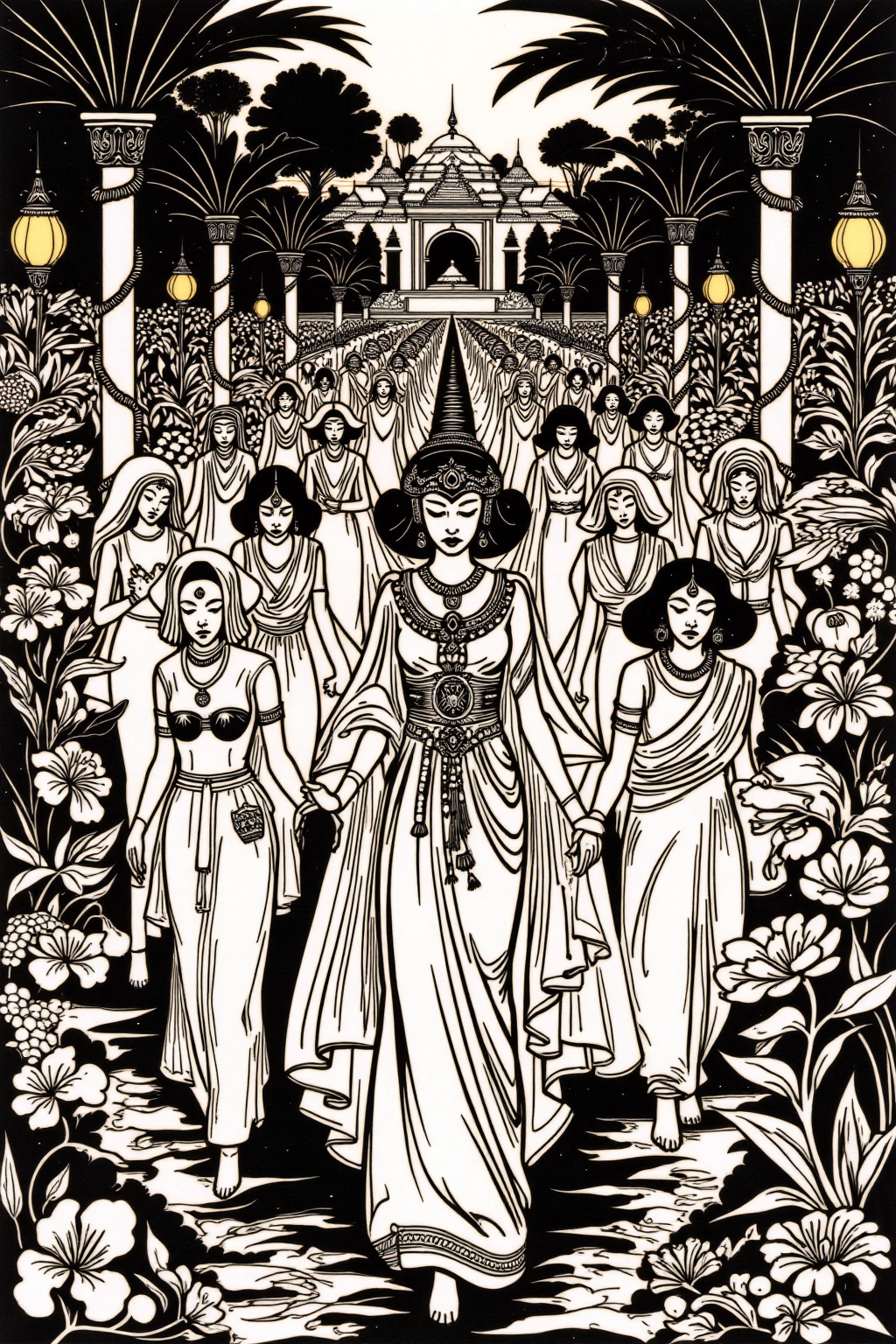 k1ooster black and white drawing of a scene inspired by Arabian Nights,  showing the queen leading a diverse group of 20 s...
