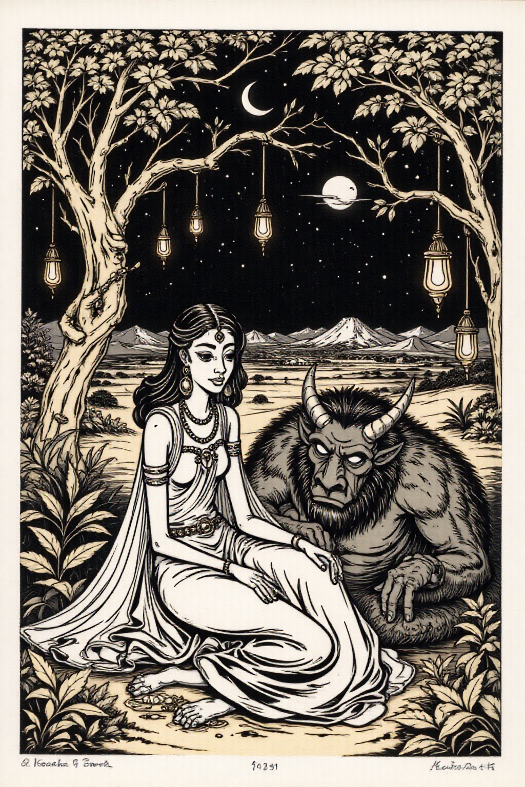 k1ooster black and white drawing of of a scene from Arabian Nights,  rendered in intricate,  colorful detail. A beautiful...
