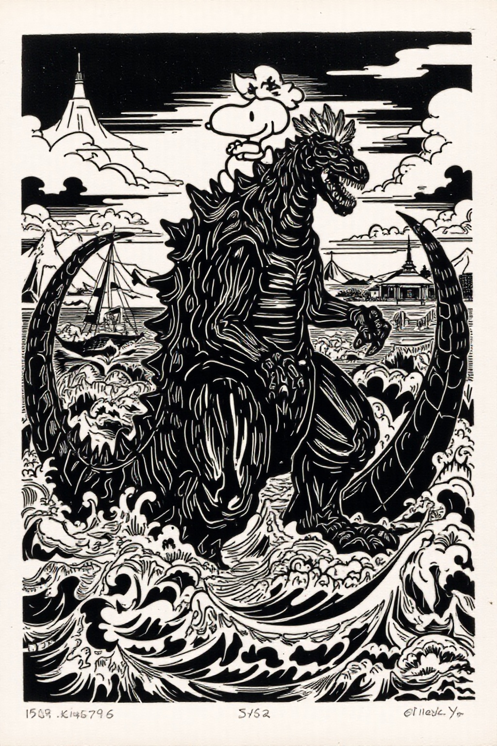 k1ooster black and white drawing of snoopy mounting godzilla,  they are coming from the sea ready to attack Tokyo on Tenso...