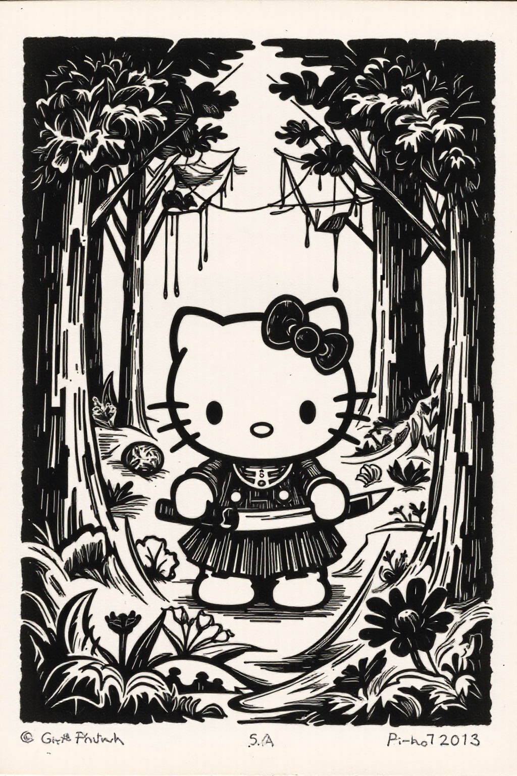 k1ooster black and white drawing of Hello Kitty in the middle of the forest holding a knife,  the atmosphere and the chara...