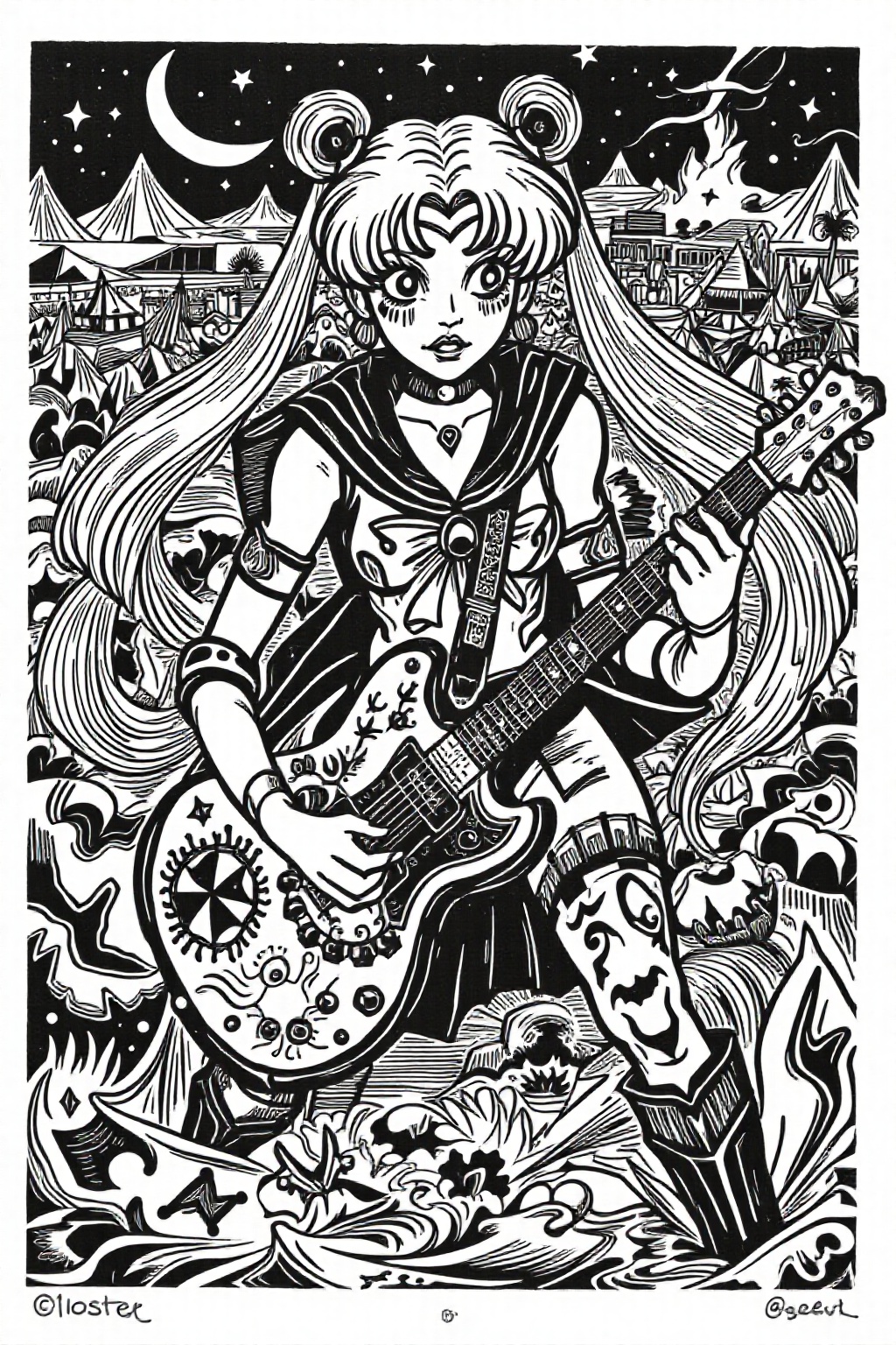 k1ooster black and white drawing of punk sailor moon playing a guitar at a heavy metal mosh pit,  tattoos,  piercing on Te...