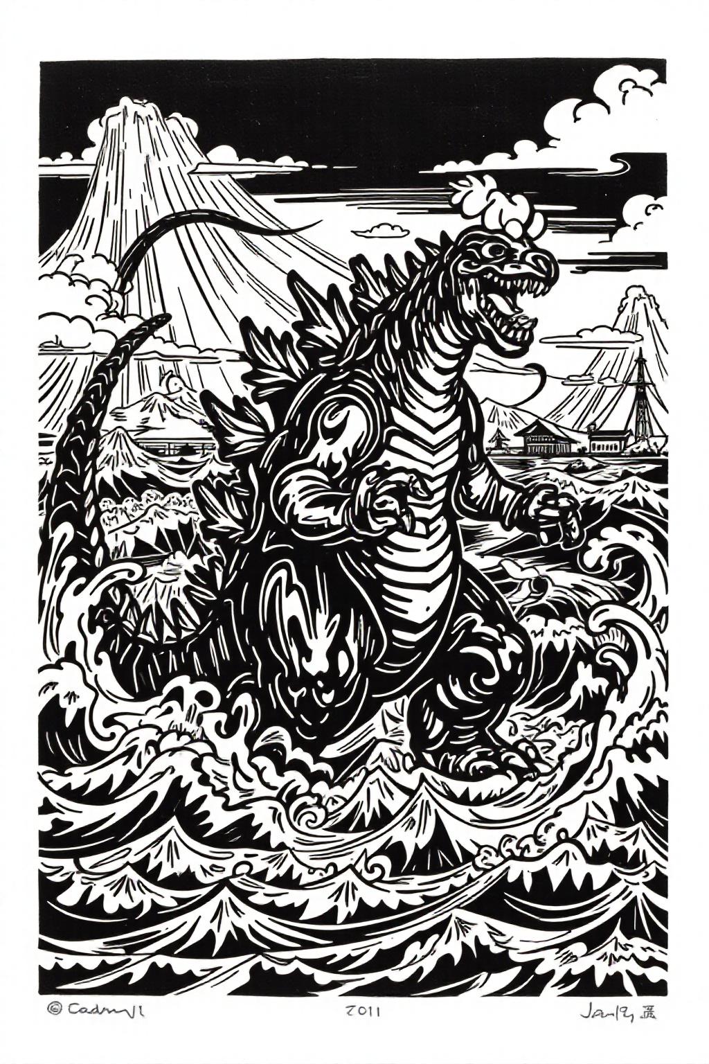 k1ooster black and white drawing of snoopy mounting godzilla,  they are coming from the sea ready to attack Tokyo on Tenso...