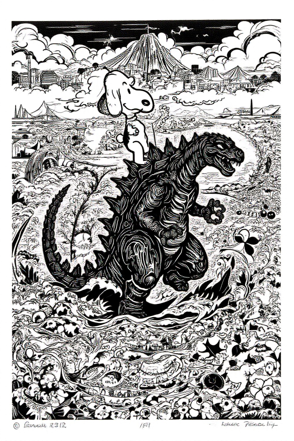 k1ooster black and white drawing of snoopy mounting godzilla,  they are coming from the sea ready to attack Tokyo on Tenso...