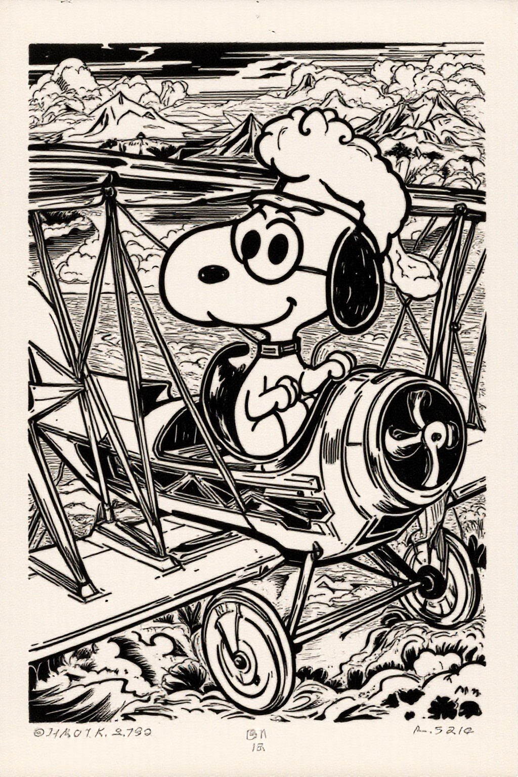 k1ooster black and white drawing of Snoopy piloting a Sopwith Camel WW1 biplane on Tensor.Art