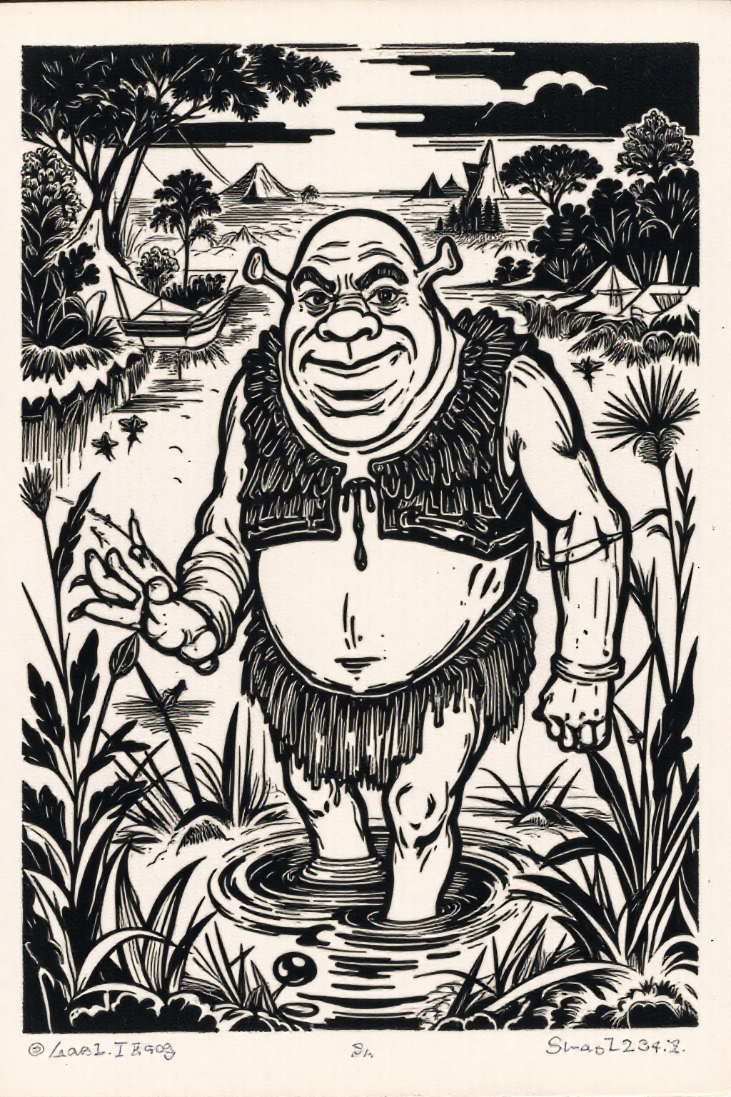 k1ooster black and white drawing of of shrek coming out of a swamp on Tensor.Art