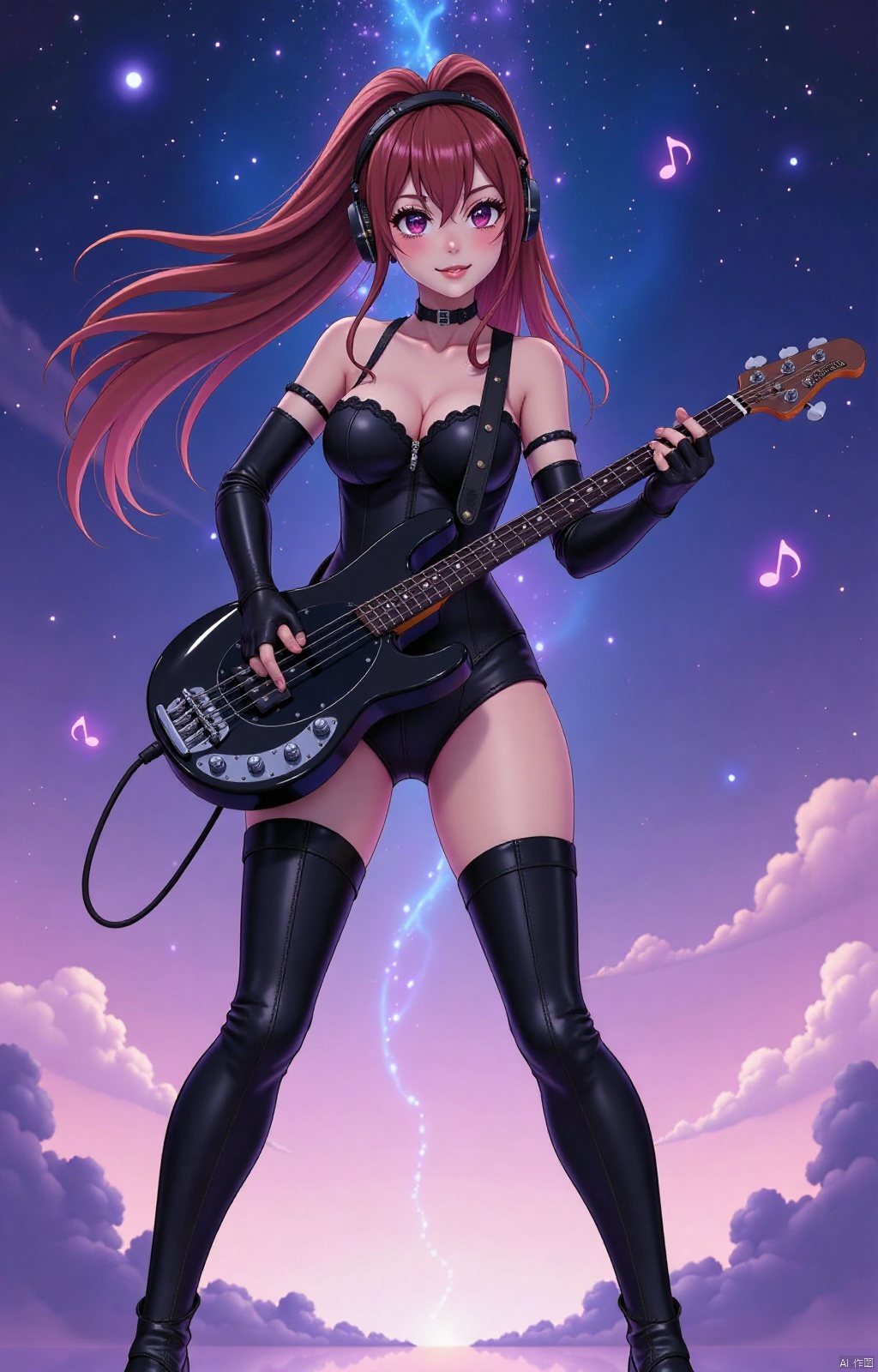 full shot,a breathtaking flat-color anime screencap in a sultry bass guitar player in dreamscape with galaxy sky, surrounded by swirling musical notes.  illuminates her curvaceous figure, encased in a form-fitting  punk leather leotard and thigh boots that accentuate her ample bosom.As she plays with fervor, her gaze remains fixed on the fretboard, her fingers moving deftly across the strings as she loses herself in the sweet serenade. Streaked locks cascade down her back like a waterfall, framing her heart-shaped face and emphasizing her striking features. Elbow gloves and a high ponytail add an edgy touch to her overall aesthetic. She's completely absorbed in the performance, donning headphones that amplify the sweet serenade as she loses herself in the music. 