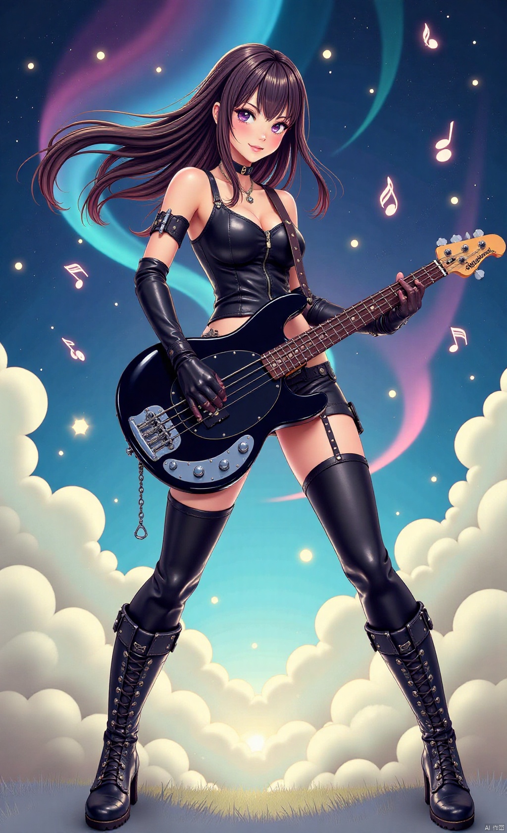 A breathtaking flat-color anime artwork showcases a captivating big-breasted woman, bend knees,embodying the harmonious blend of artistry and sensuality. The dynamic pose finds her donning a leather punk-inspired outfit, thigh-high boots, and elbow-length gloves,with flowing streaked hair framing the scene. As she plays a bass guitar, swirling musical notation swirls around her. Amidst dreamscape and Aurora backdrops, her expressive features radiate energy and artistic passion, drawing the viewer into the midst of her creative fervor.