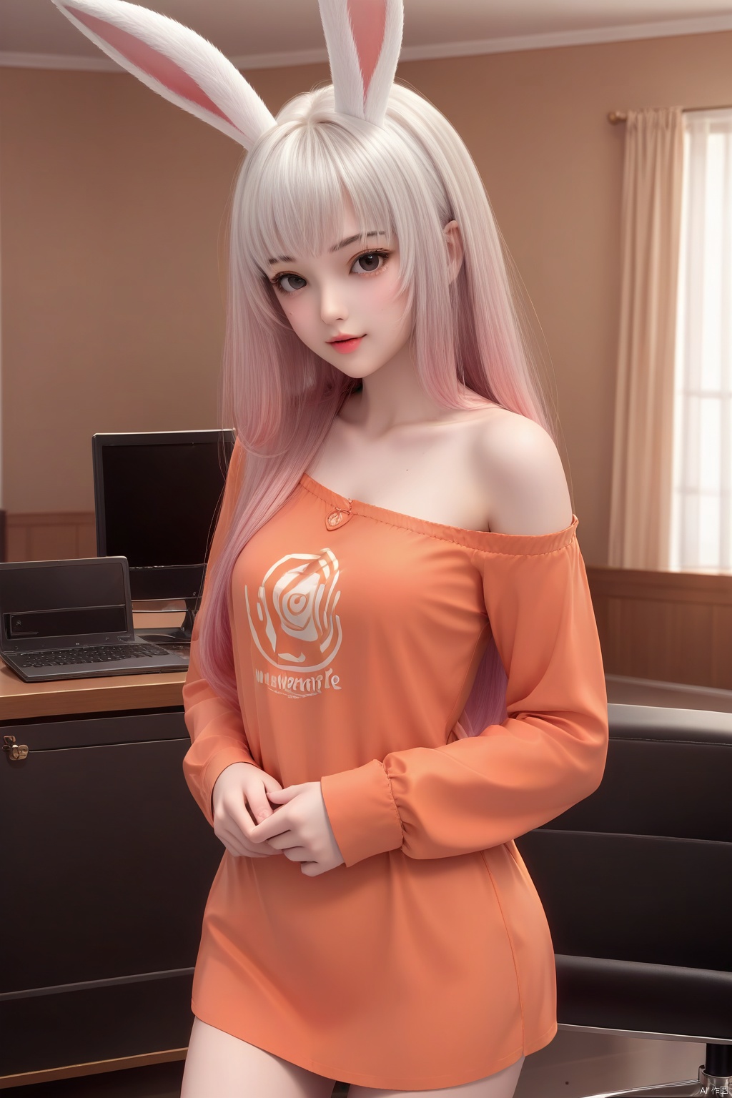 masterpiece, best quality, masterpiece,best quality,official art,extremely detailed CG unity 8k wallpaper,indoors,1girl,solo,white hair,long hair,looking at viewer,pink hair,rabbit ears,portrait,off shoulder,long sleeve,shirt,orange shirt,bare_hip