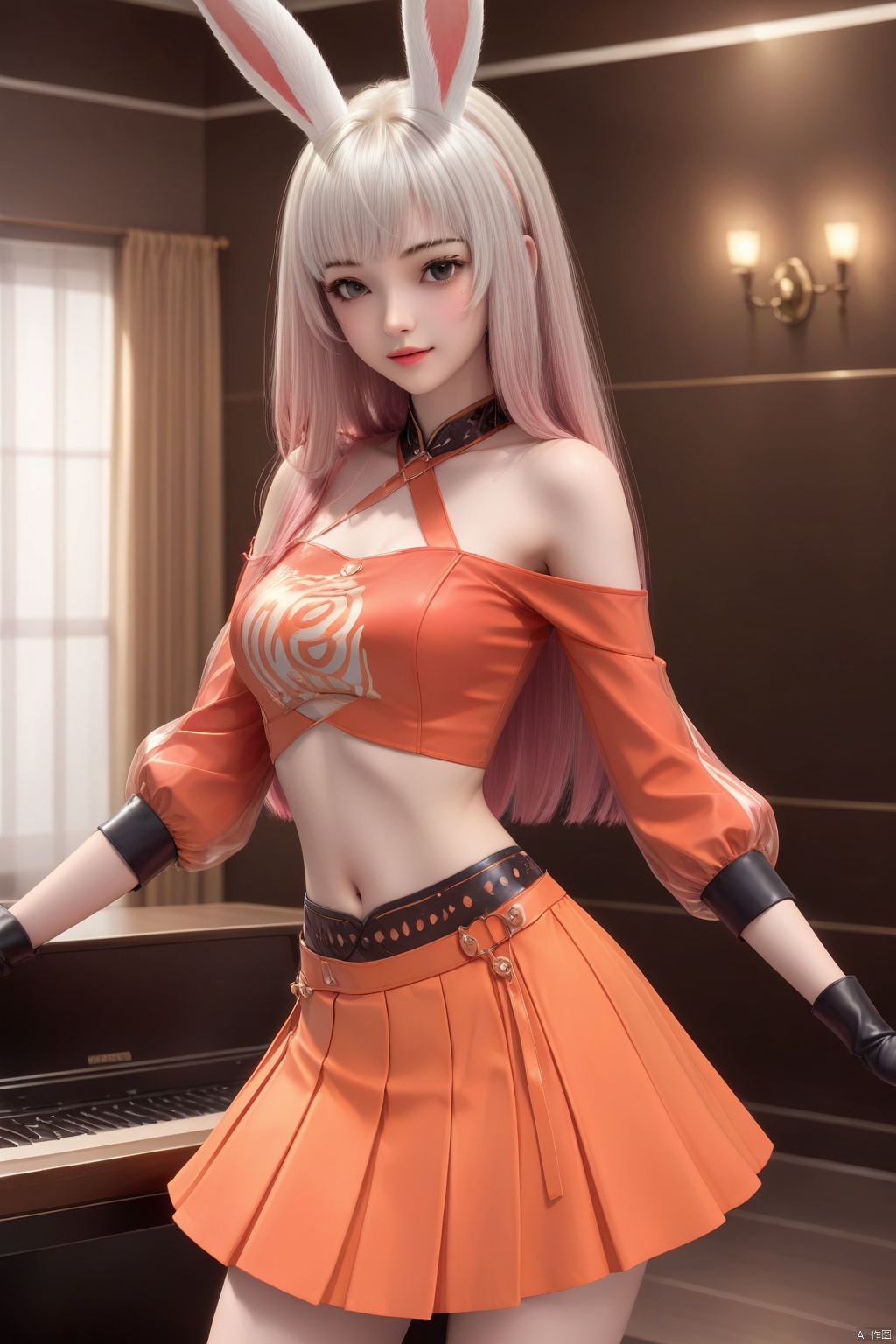 masterpiece, best quality, masterpiece,best quality,official art,extremely detailed CG unity 8k wallpaper,indoors,1girl,solo,white hair,long hair,looking at viewer,pink hair,rabbit ears,portrait,red shirt,orange skirt,bare_hip,midriff,off shoulder,gloves,(Bare_one's_arm:1.3),One arm has sleeves